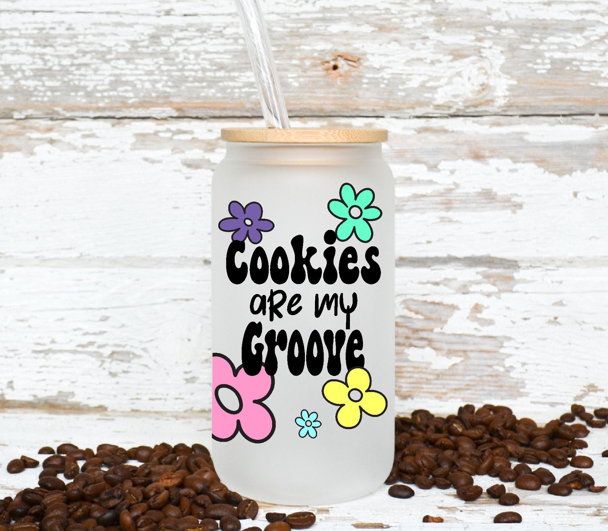 Frosted 16 Oz Glass Can with Bamboo Lid and Straw - Cookies are my Gro ...